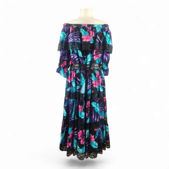 Vintage Dresses & Skirts - Vintage Off-Shoulder Floral Tiered Ruffle Maxi Dress M/L Tropical Lace